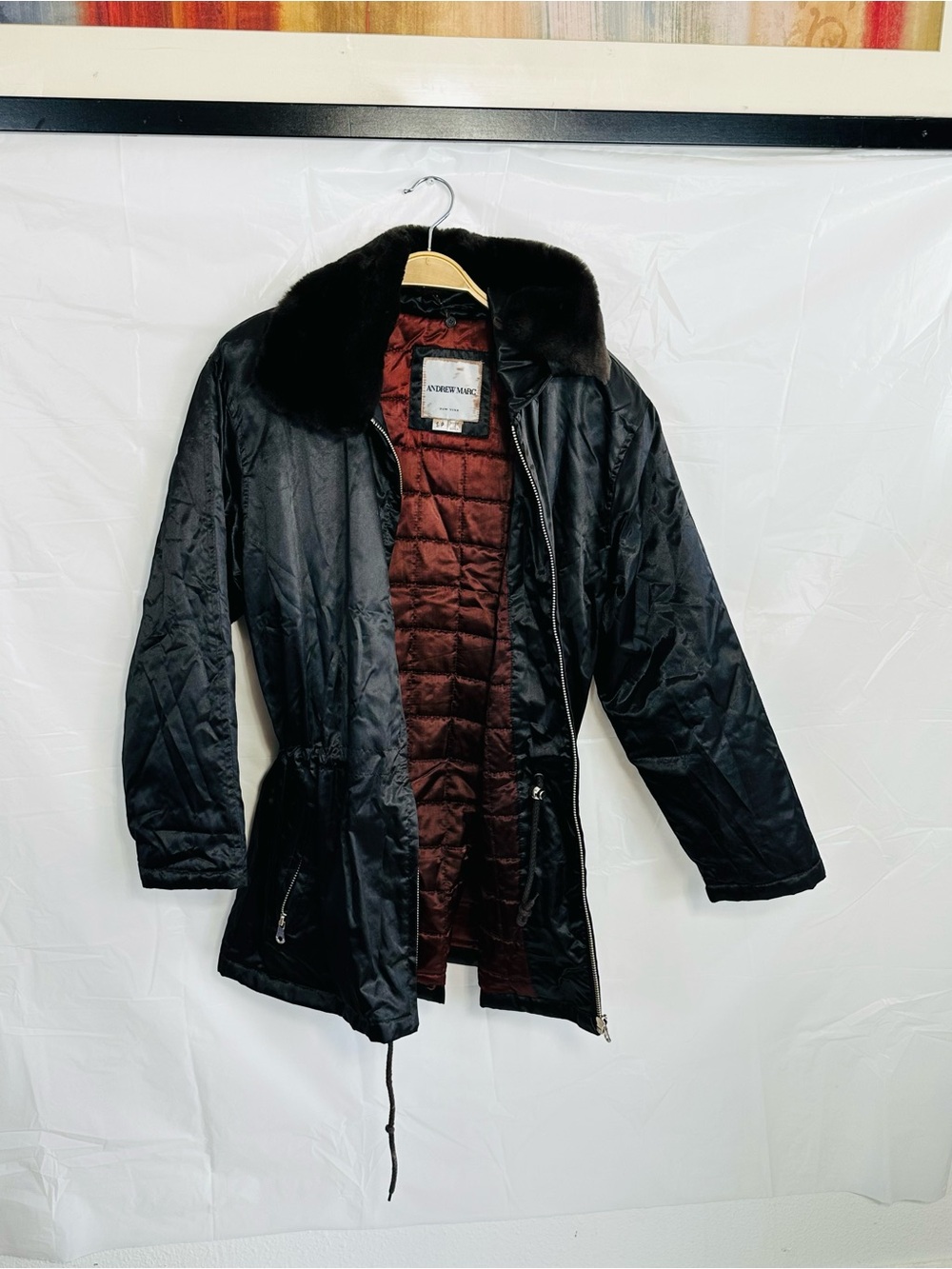 Andrew Marc Black Trench Coat with Brown Fur Collar